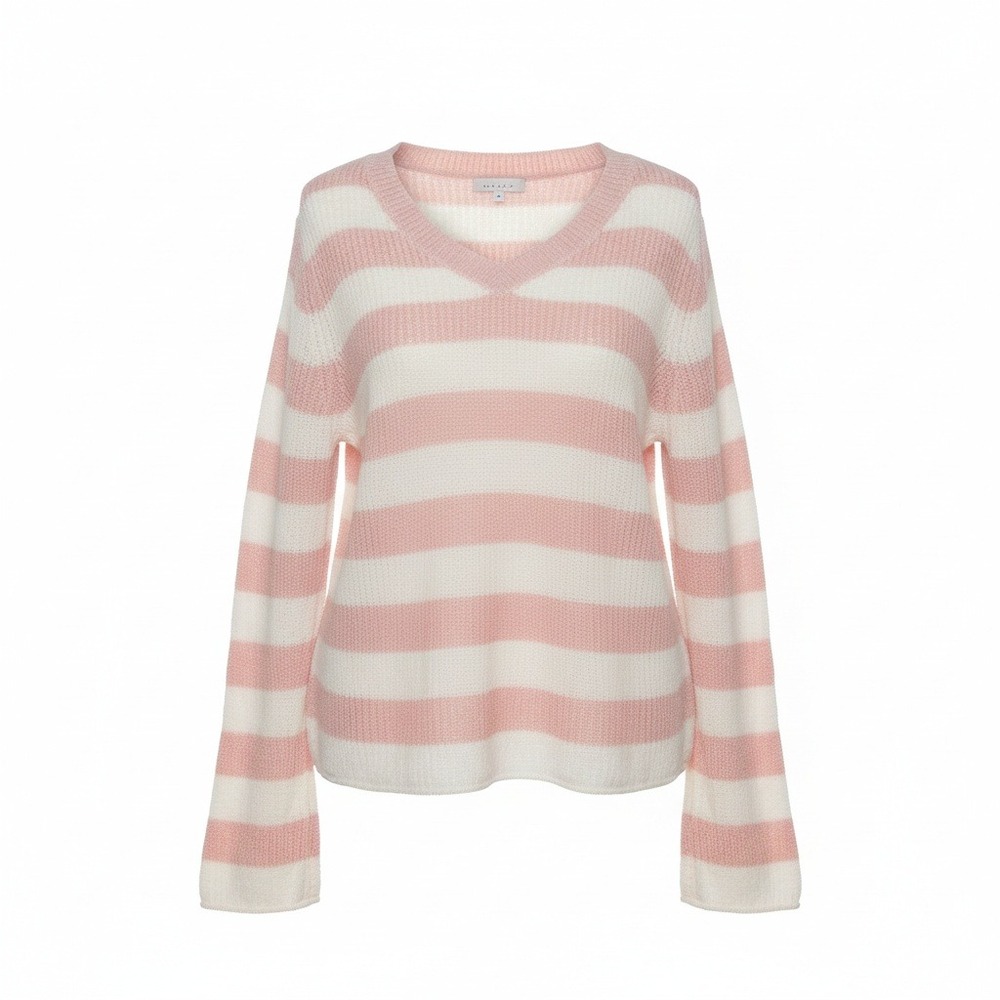 Pastelcore Miracle Womens Pink White Striped V-Neck Knit Pullover Sweater Small